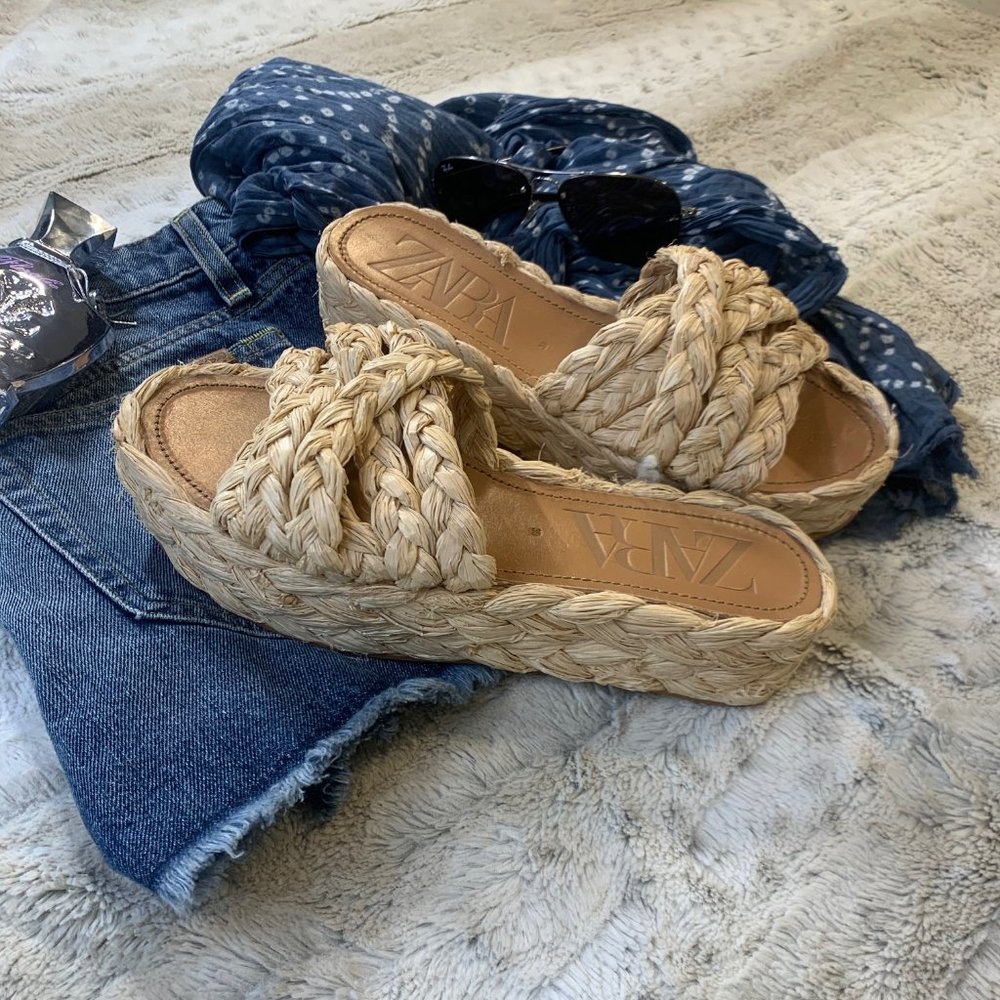 Zara woven rattan plait platform wedge slide 39